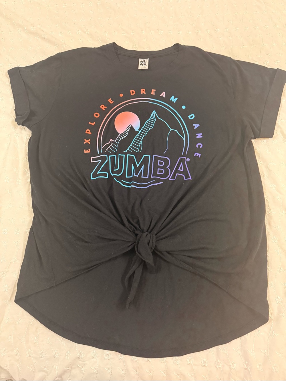 Zumba Fitness Black Knot-Front Short Sleeve Tee with Rainbow Graphic